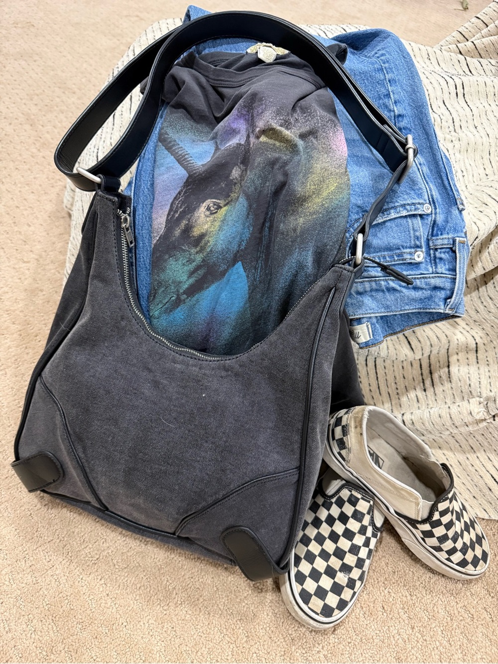 Black Denim Hobo Shoulder Bag Adjustable Strap Y2K Slouchy Purse